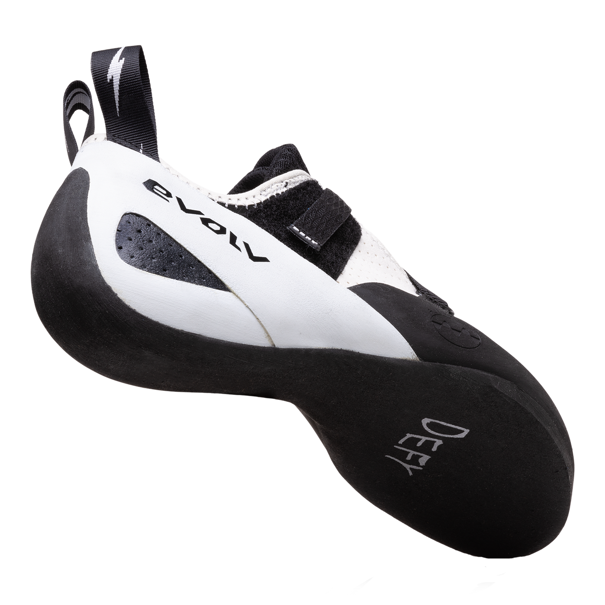 Evolv Defy climbing shoes, angled side view, white panels with black outsole