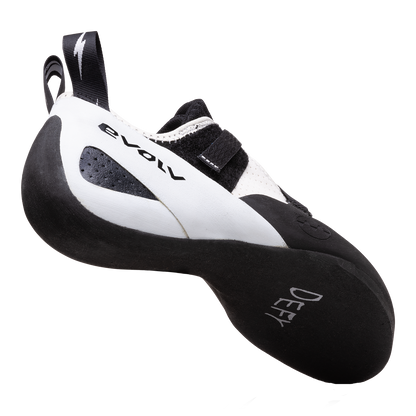 Evolv Defy climbing shoes, angled side view, white panels with black outsole