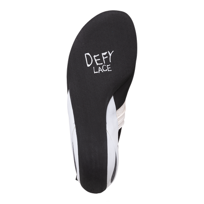 Climbing shoe inner sole with 'DEFY LACE' text, dark insole and white sidewall