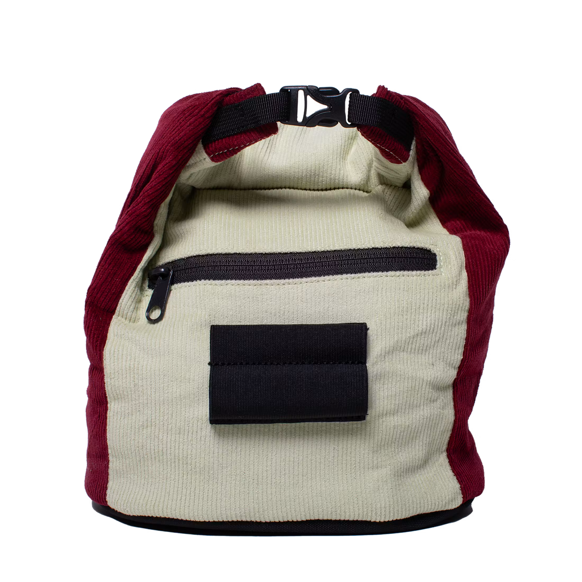 Corduroy chalk bucket with rolled-top opening in cream and dark red; webbing straps