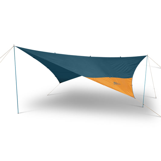 Teal and dark blue camping tarp with orange panel, suspended with tie lines