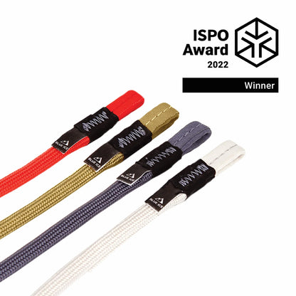 Set of climbing sling runners in red, tan, purple, and white colors