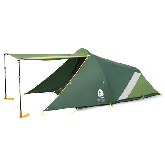2-person dome tent with green rainfly, mesh side panels, and guy lines