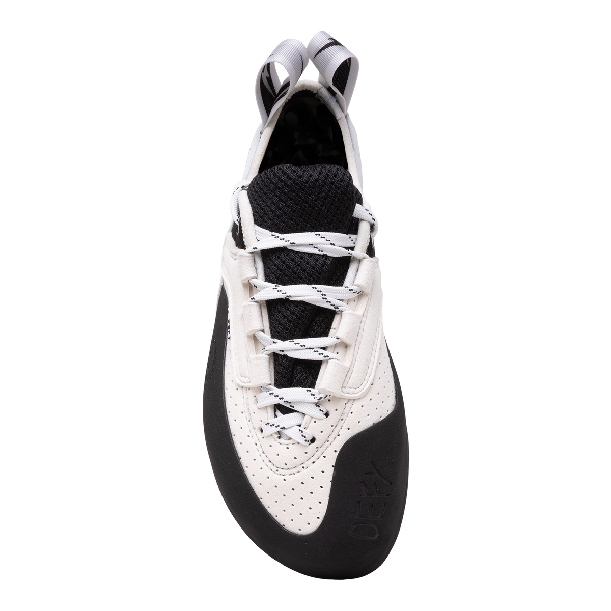 Evolv Defy Lace LV low-volume climbing shoes, front view with black tongue and white laces