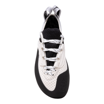 Evolv Defy Lace LV low-volume climbing shoes, front view with black tongue and white laces