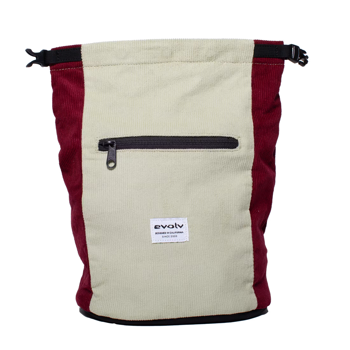 Corduroy chalk bucket in cream and dark red with front zipper pocket and logo patch