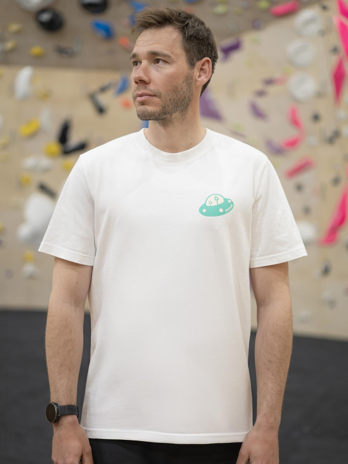 Off-white organic cotton T-shirt with teal UFO chest graphic