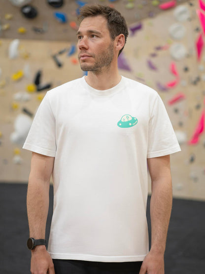 Off-white organic cotton T-shirt with teal UFO chest graphic