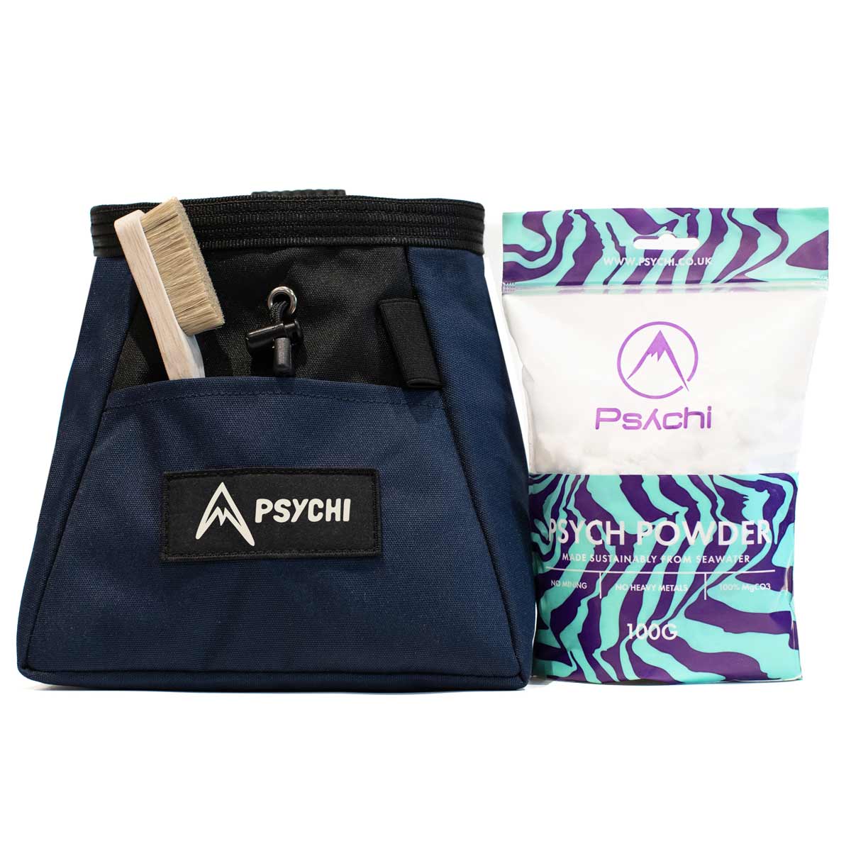Navy fabric chalk bucket with handle loop and front zipper pocket