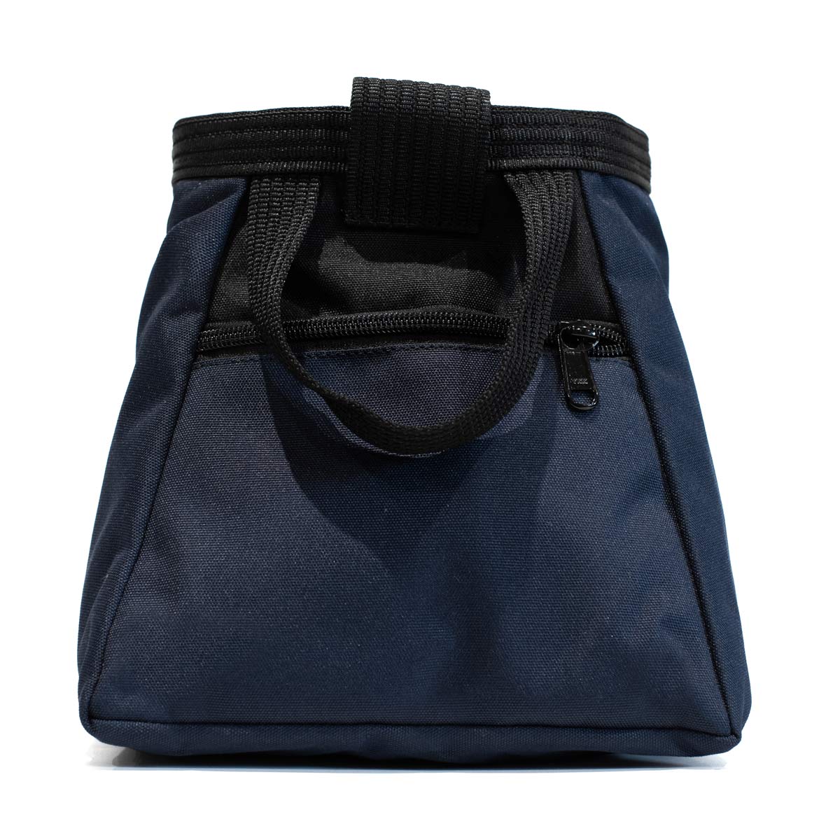 Close-up of navy chalk bucket with top strap and front zipper detail
