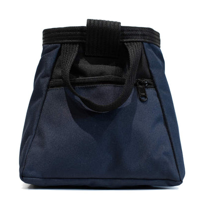 Close-up of navy chalk bucket with top strap and front zipper detail