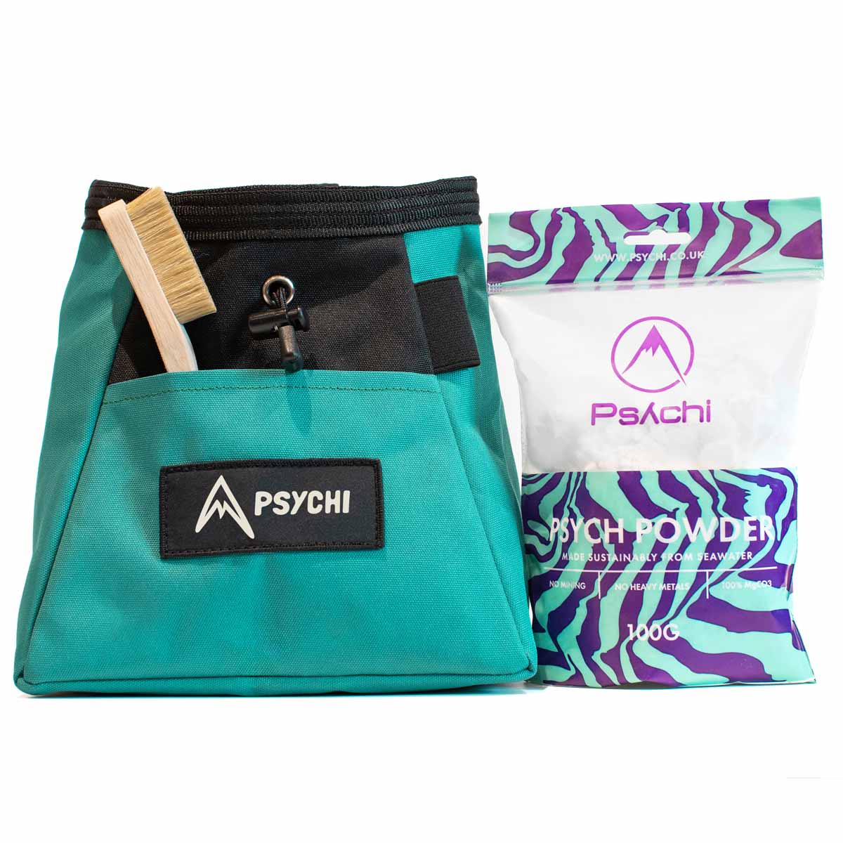 Teal chalk bucket with black straps and PSYCHI patch, with purple PSYCH POWDER bag