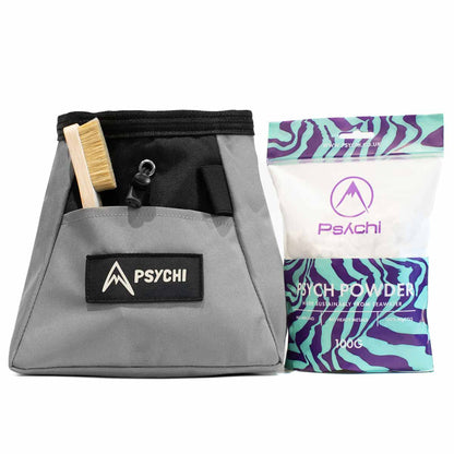 Grey chalk bucket with brush pocket, black webbing, and purple PSYCH POWDER bag