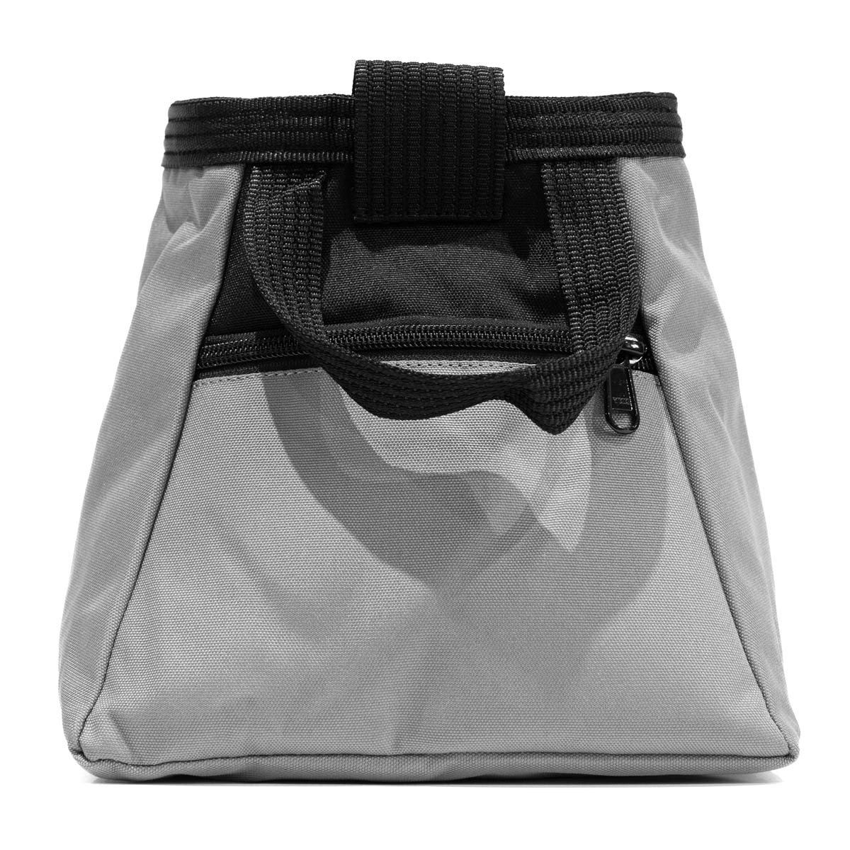 Grey chalk bucket with black drawcord closure and webbing carry handle