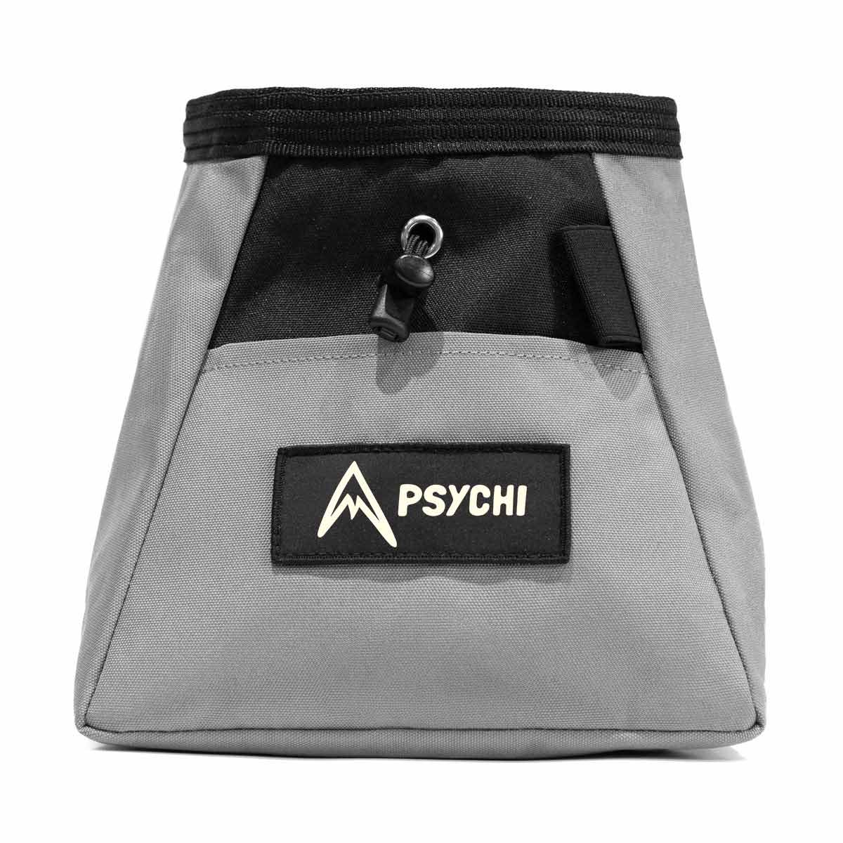 Grey climbing chalk bucket with black drawstring top and PSYCHI logo patch