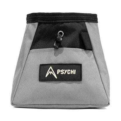 Grey climbing chalk bucket with black drawstring top and PSYCHI logo patch