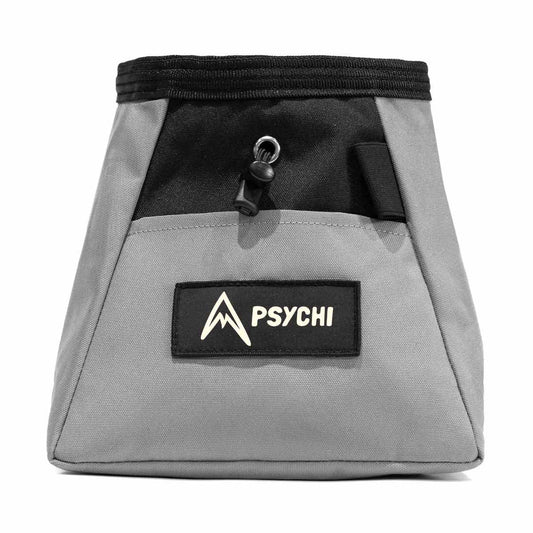 Grey climbing chalk bucket with black drawstring top and PSYCHI logo patch