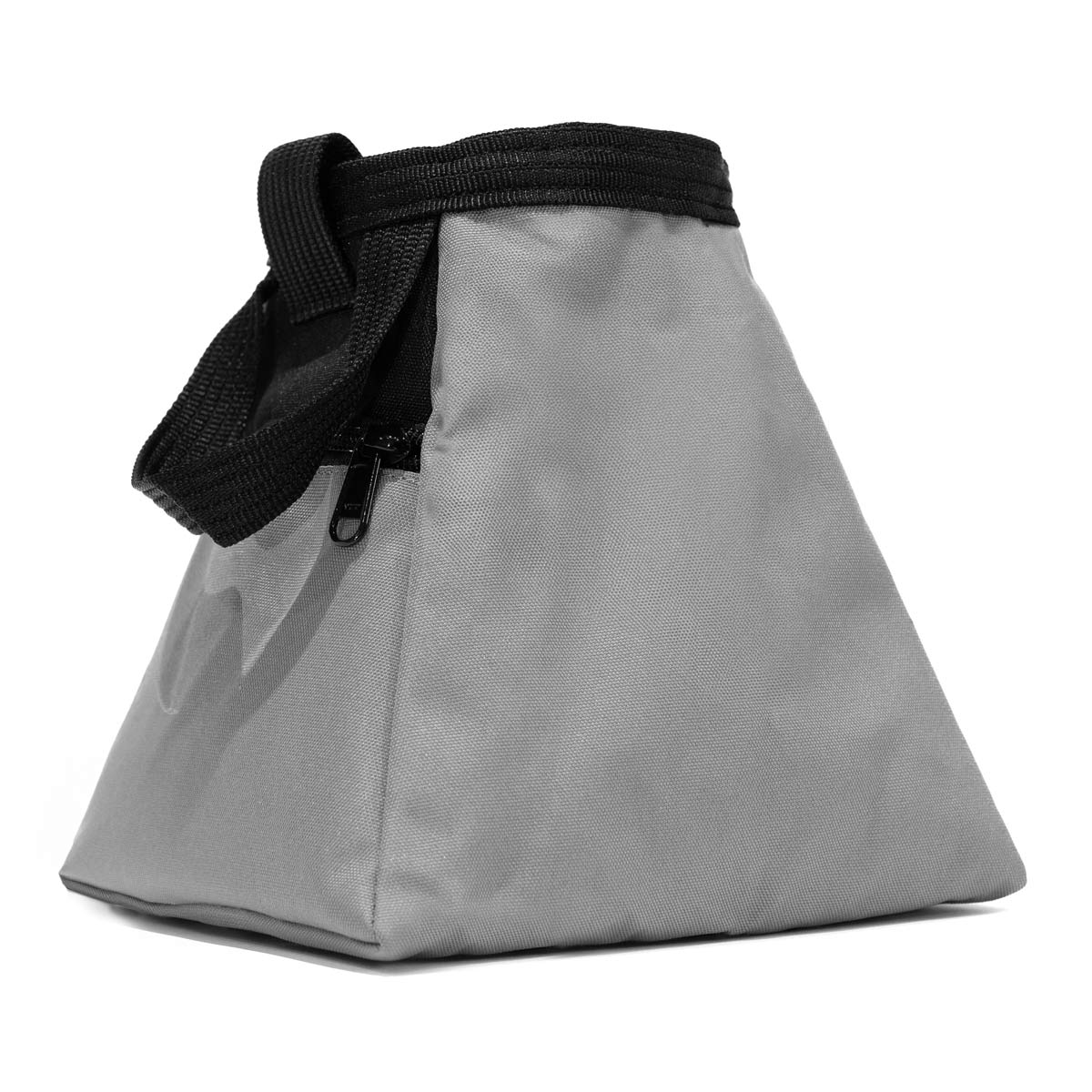 Grey climbing chalk bucket with black carry strap and front carabiner clip holder