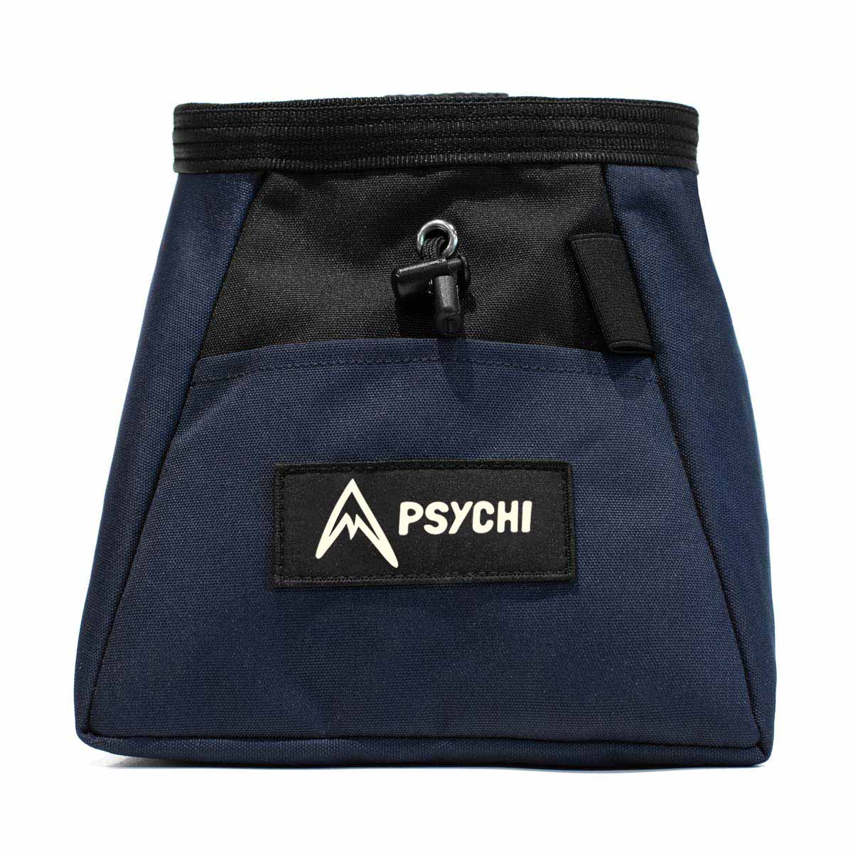 Navy blue climbing chalk bucket with black drawstring top and PSYCHI logo patch