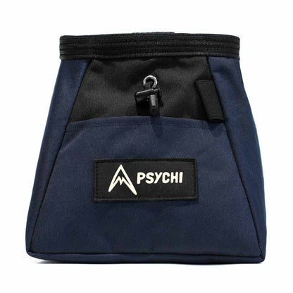 Navy blue climbing chalk bucket with black drawstring top and PSYCHI logo patch