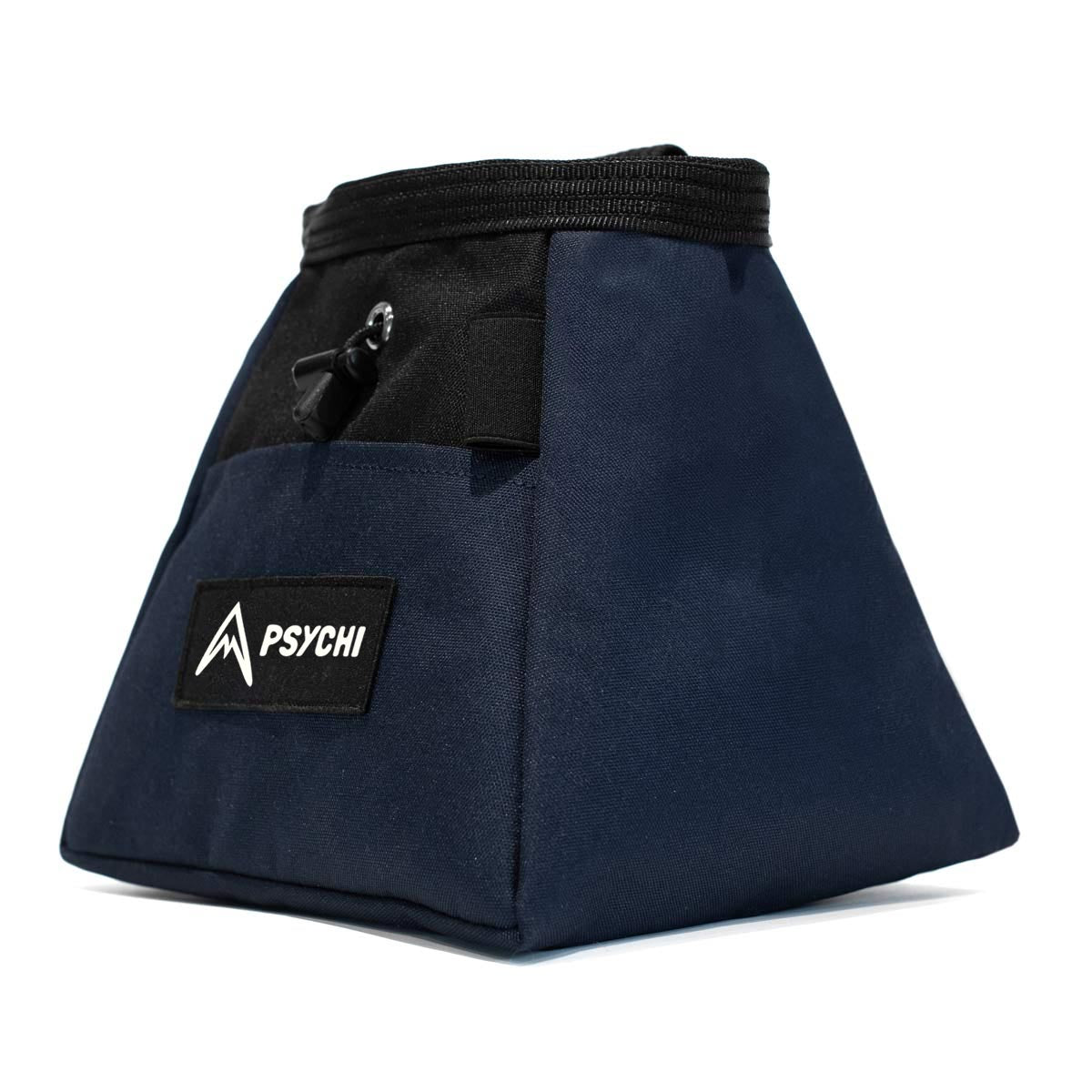 Navy blue climbing chalk bucket with black top drawstring and PSYCHI logo patch