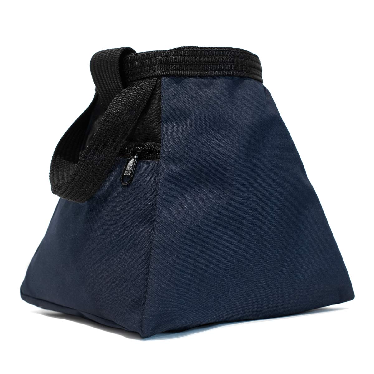 Navy bouldering chalk bucket with black carry strap and drawstring closure