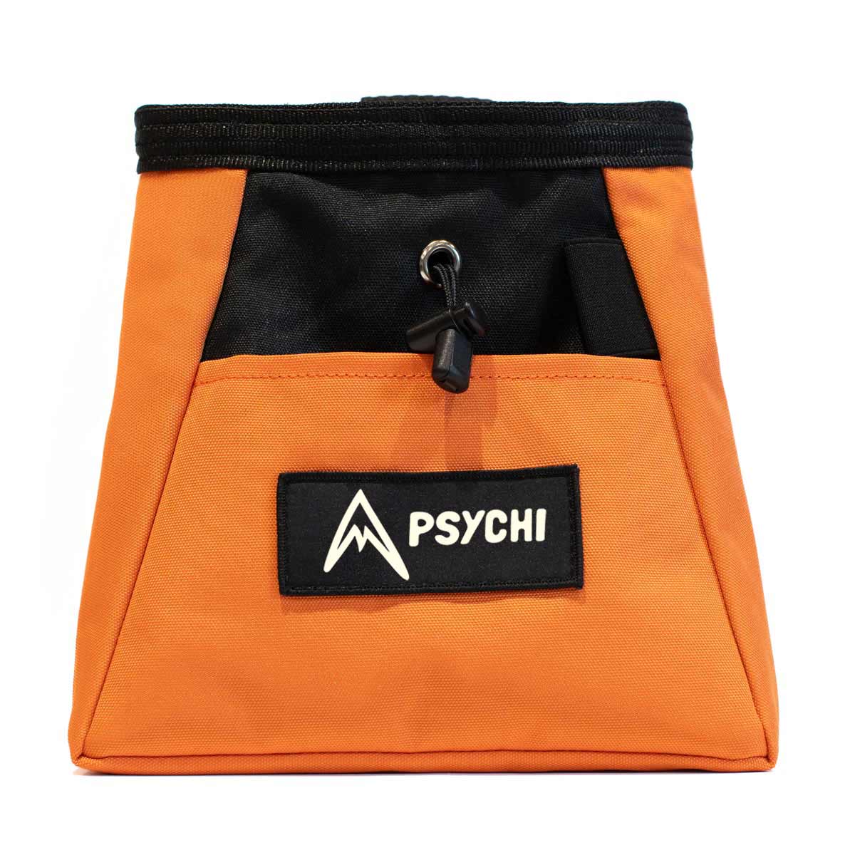 Orange bouldering chalk bucket with black top rim and PSYCHI logo patch