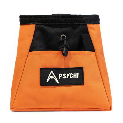 Orange bouldering chalk bucket with black top rim and PSYCHI logo patch