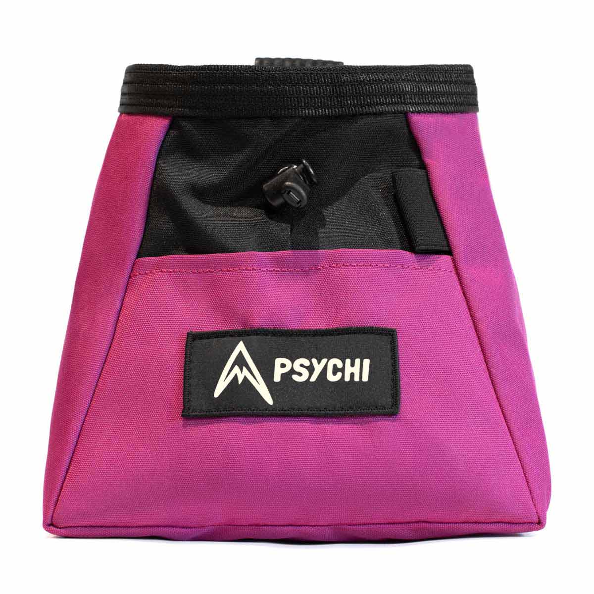 Bouldering chalk bucket in purple with black top panel, PSYCHI patch, and zip