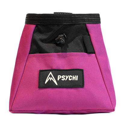 Bouldering chalk bucket in purple with black top panel, PSYCHI patch, and zip