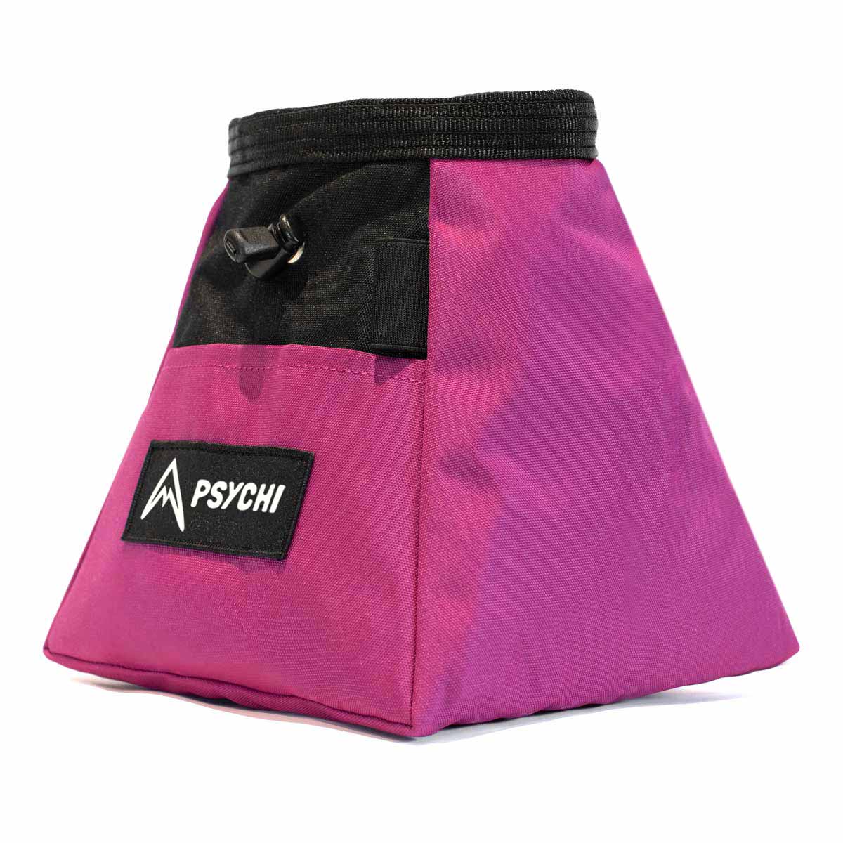 Purple bouldering chalk bucket with black base and PSYCHI logo patch on side
