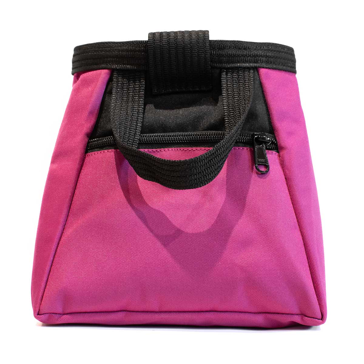 Purple chalk bucket with black webbing handle and inner mesh panel