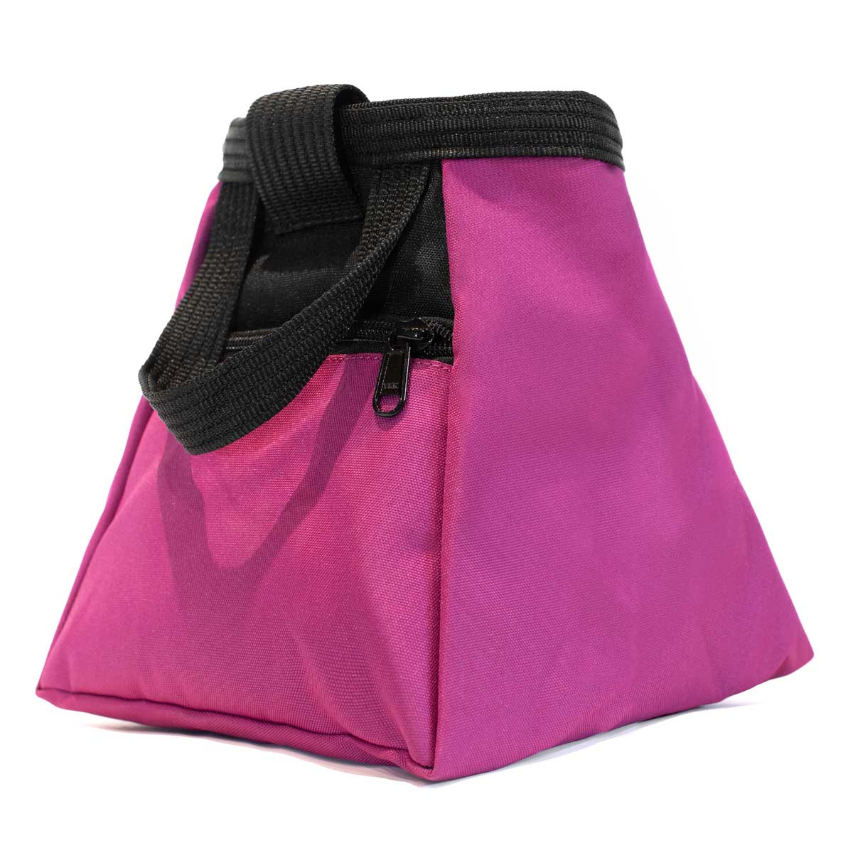 Purple bouldering chalk bucket with black carry handle and small front zipper