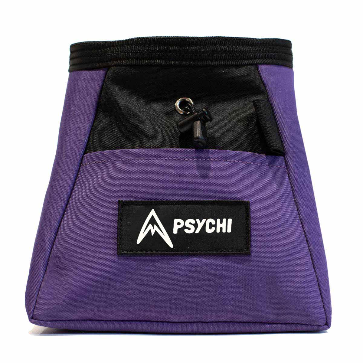 Purple bouldering chalk bucket with PSYCHI logo patch and black drawcord strap