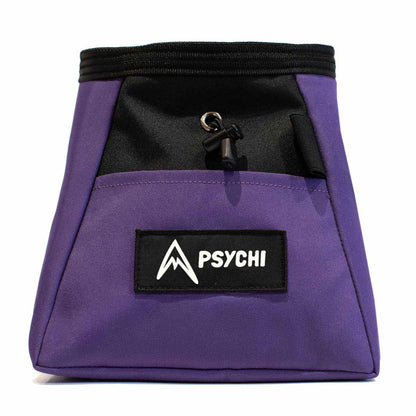 Purple bouldering chalk bucket with PSYCHI logo patch and black drawcord strap