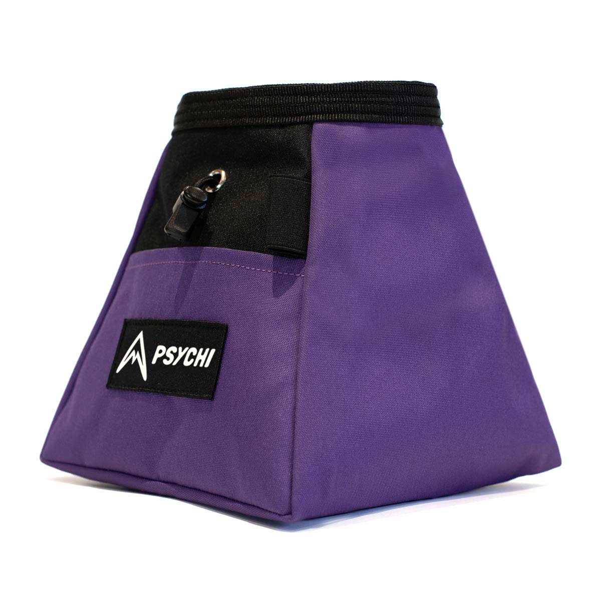 Psychi bouldering chalk bucket in purple with black logo patch and drawcord top