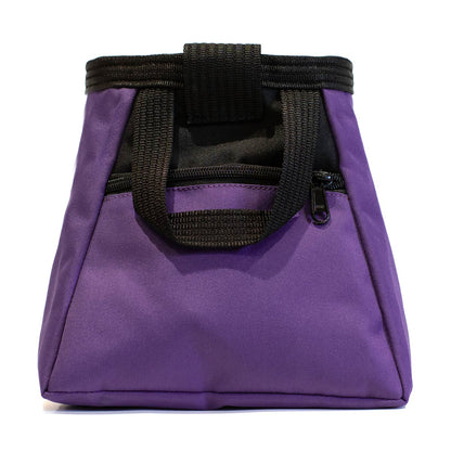 Purple bouldering chalk bucket with black webbing handle and front storage pouch