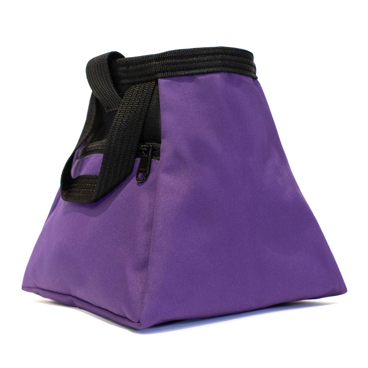 Purple chalk bucket with black top strap, side pocket, and zip pull; Psychi logo