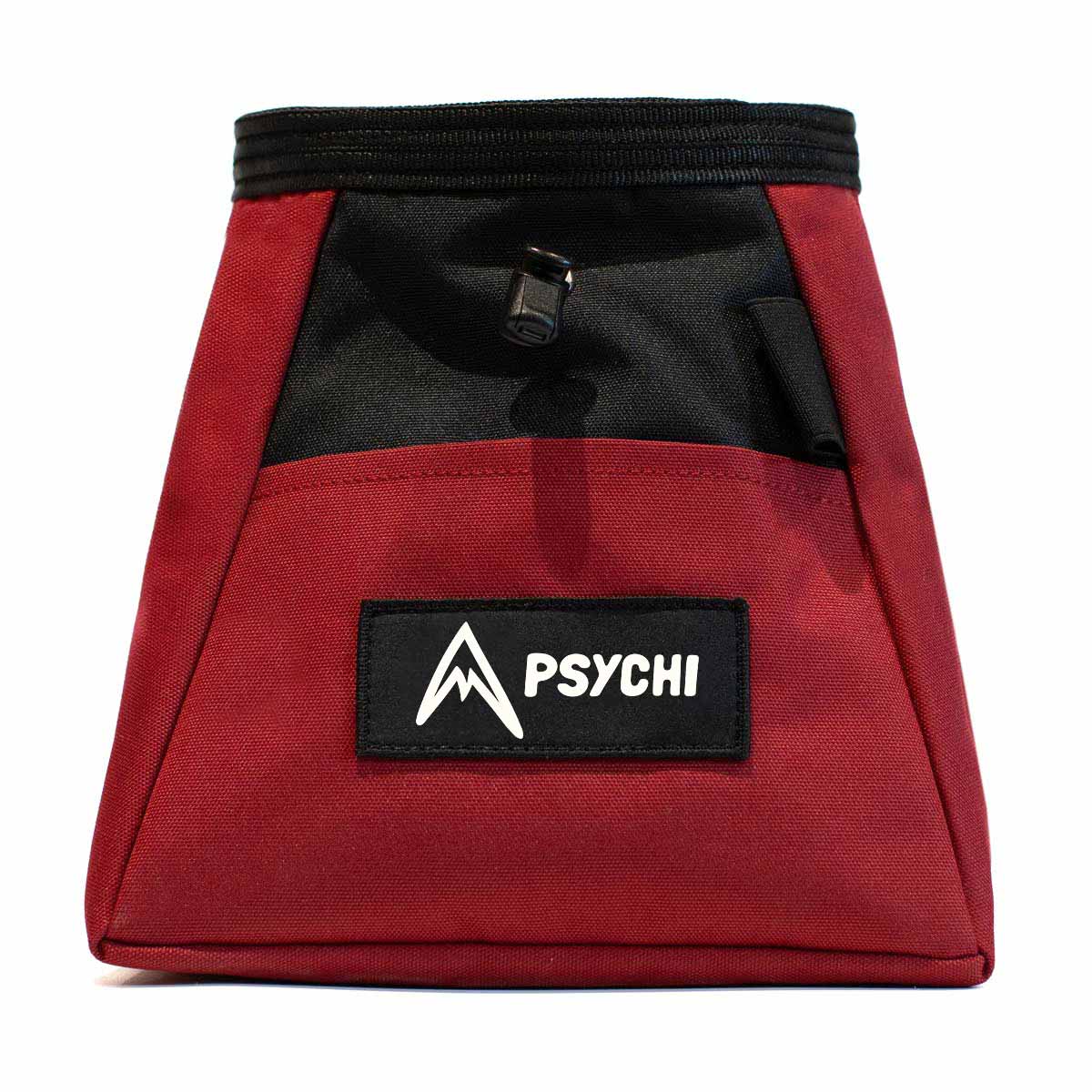 Dark red chalk bucket with black logo patch, drawcord top, and front storage section