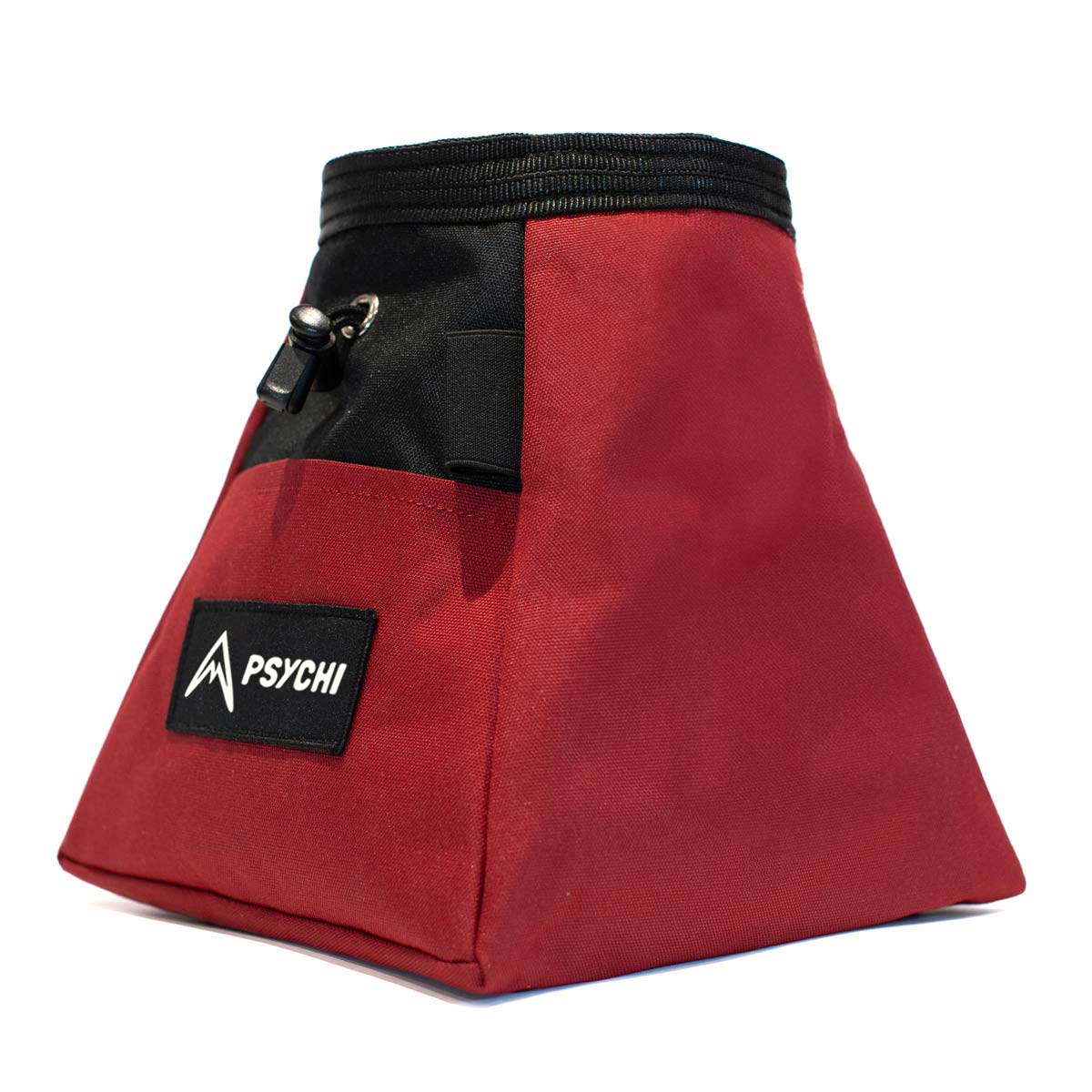 Dark red chalk bucket with black logo patch and side hook strap; Psychi branding