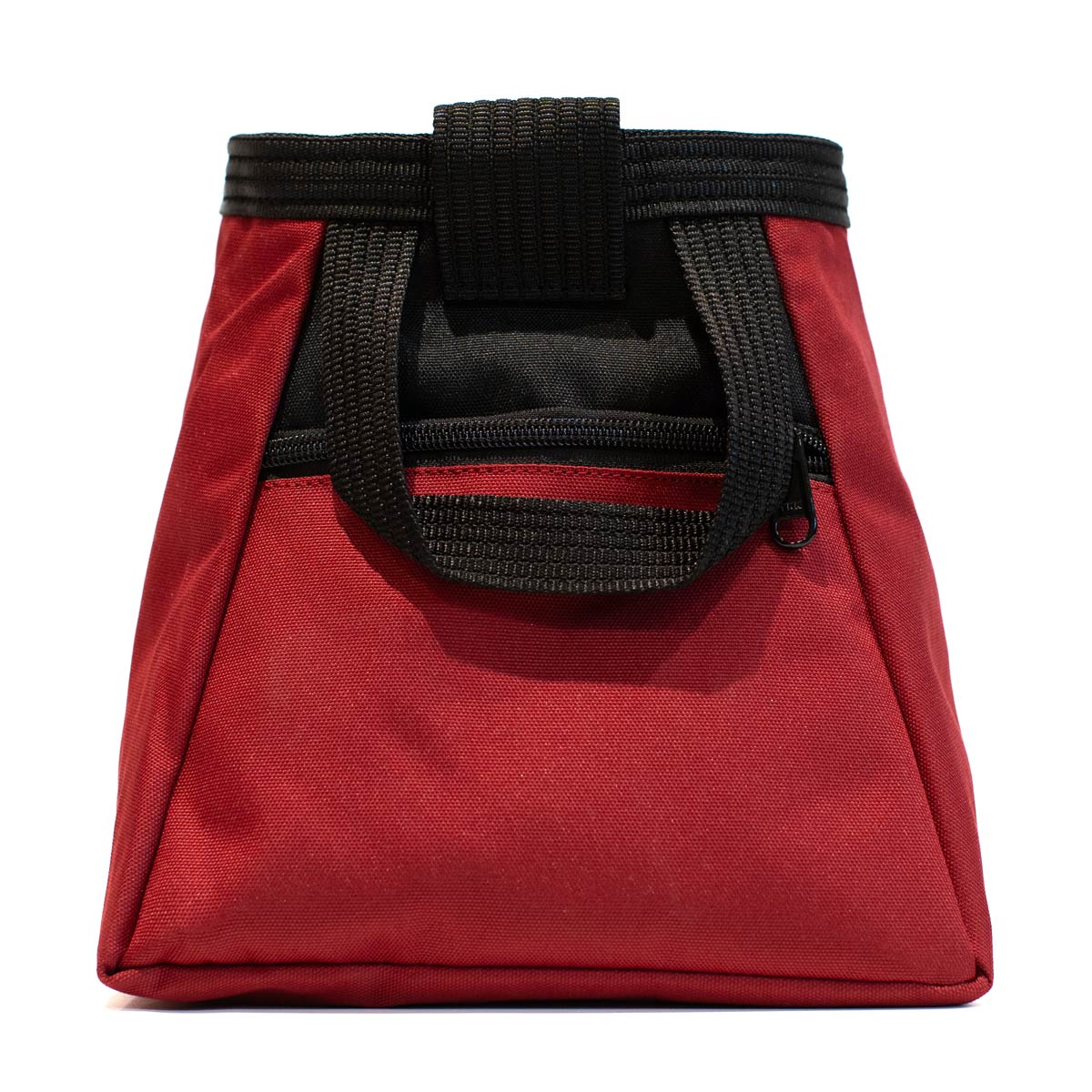 Psychi chalk bucket in dark red with black carrying strap and open mesh scoop pocket