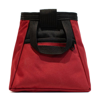 Psychi chalk bucket in dark red with black carrying strap and open mesh scoop pocket