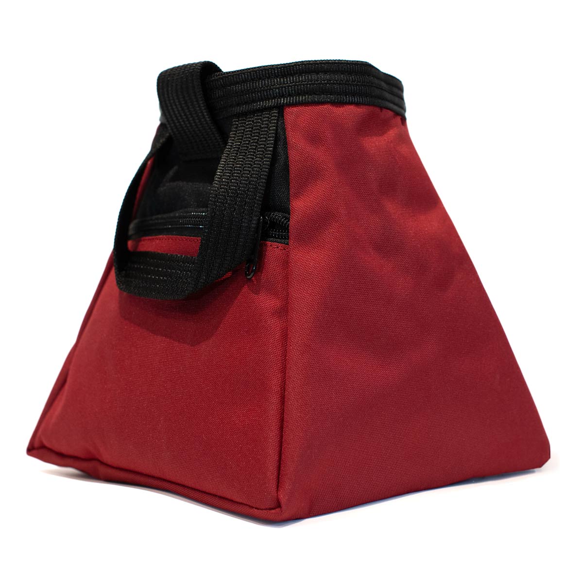 Dark red chalk bucket angled view with black handle strap and front pocket