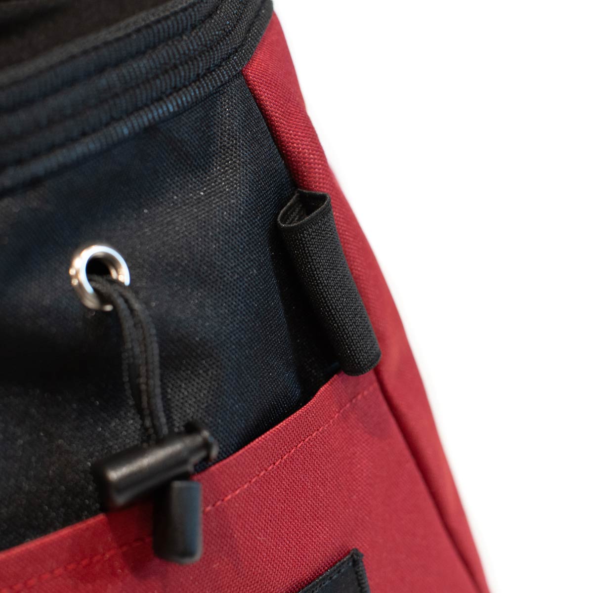 Bouldering chalk bucket, red with black rim and carabiner-style chalk attachment