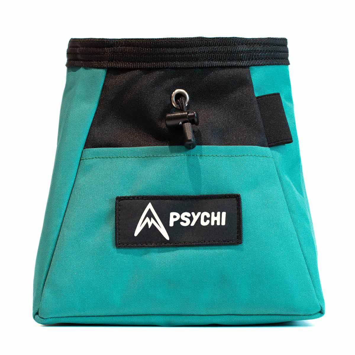 Bouldering chalk bucket, turquoise with black chalk pouch and PSYCHI brand patch