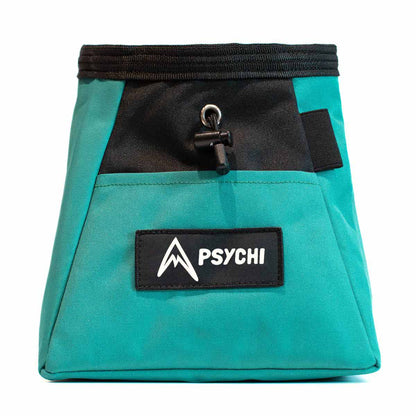 Bouldering chalk bucket, turquoise with black chalk pouch and PSYCHI brand patch