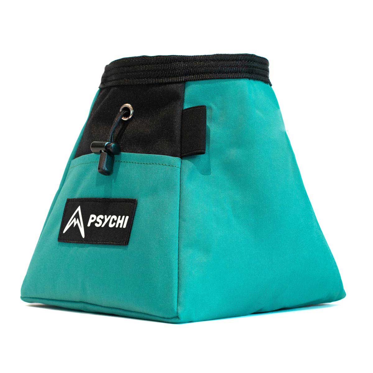 Bouldering chalk bucket, turquoise with black top pouch, PSYCHI patch and hanging loop