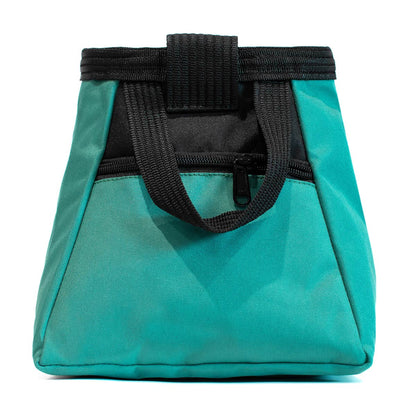 Bouldering chalk bucket, turquoise with black webbing handle and front opening