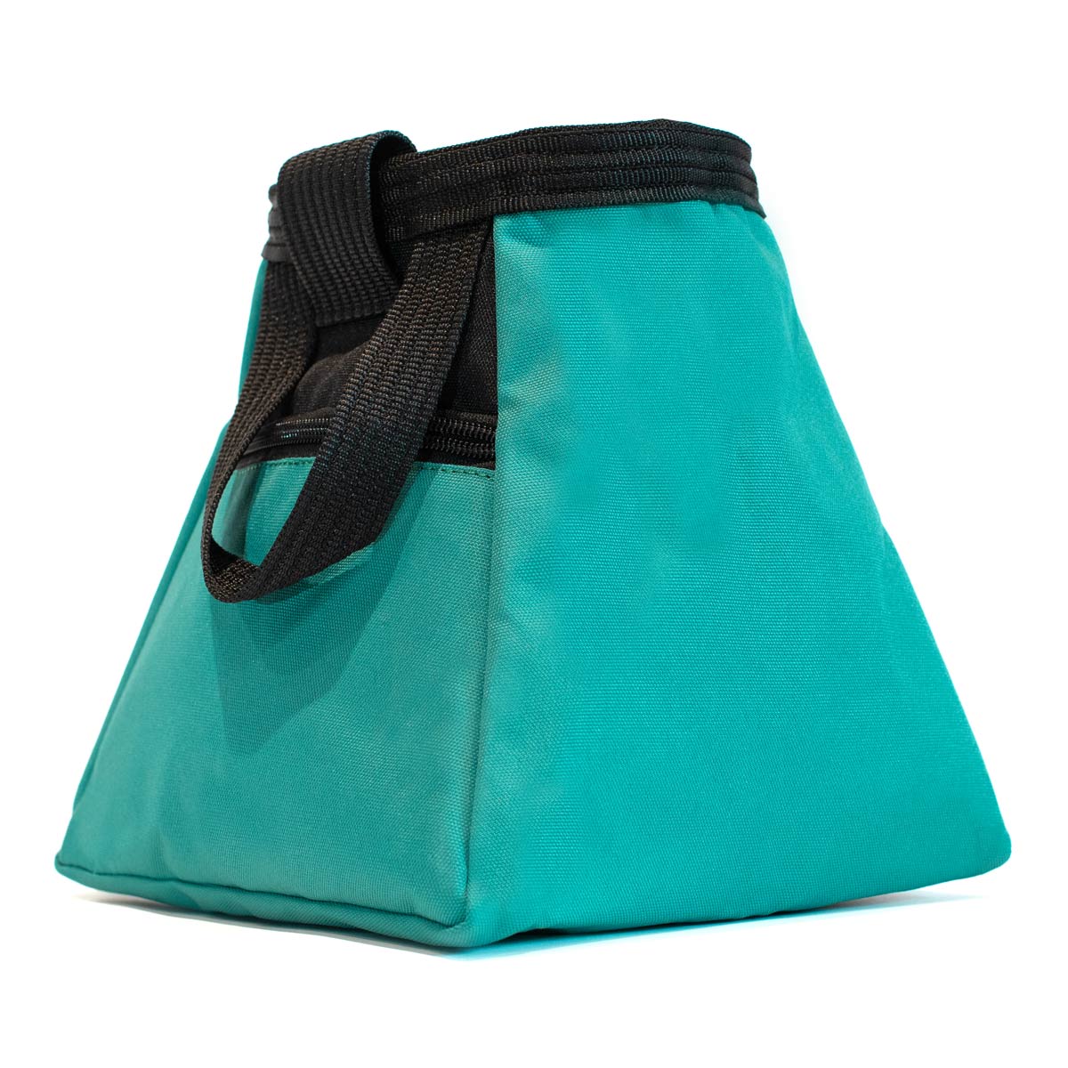 Bouldering chalk bucket, turquoise with black carry strap and reinforced front panel