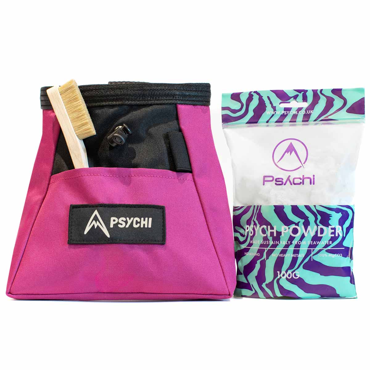 Pink chalk bucket with black top plus PSYCHI PSYCH POWDER chalk bag